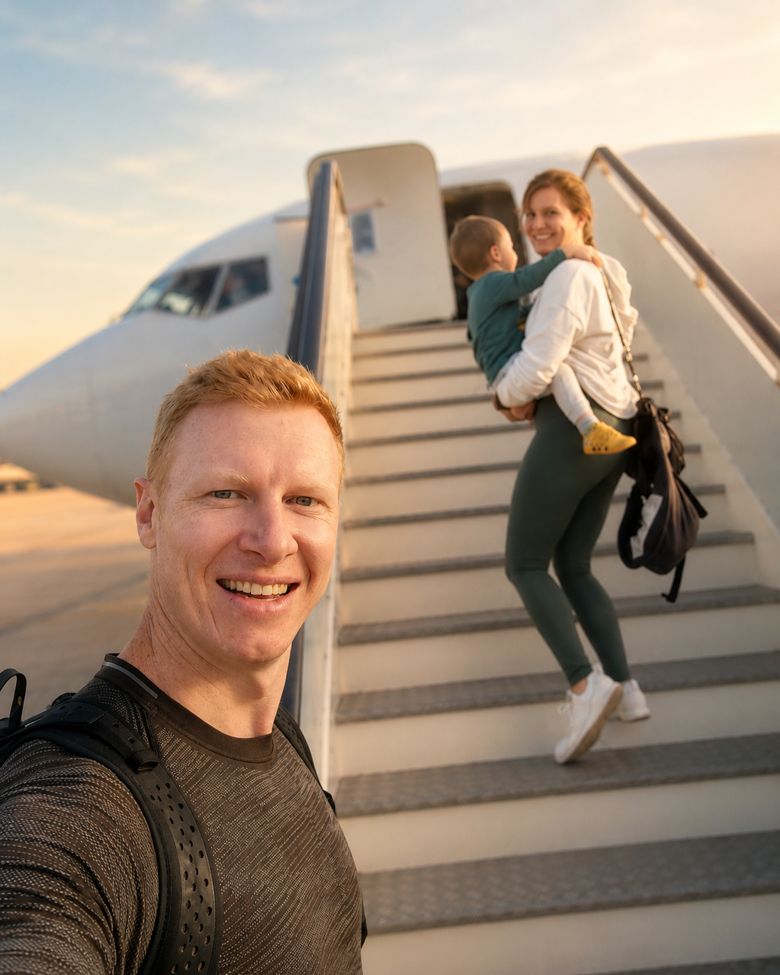 Tobias Harzen mit seiner Familie am Flugzeug